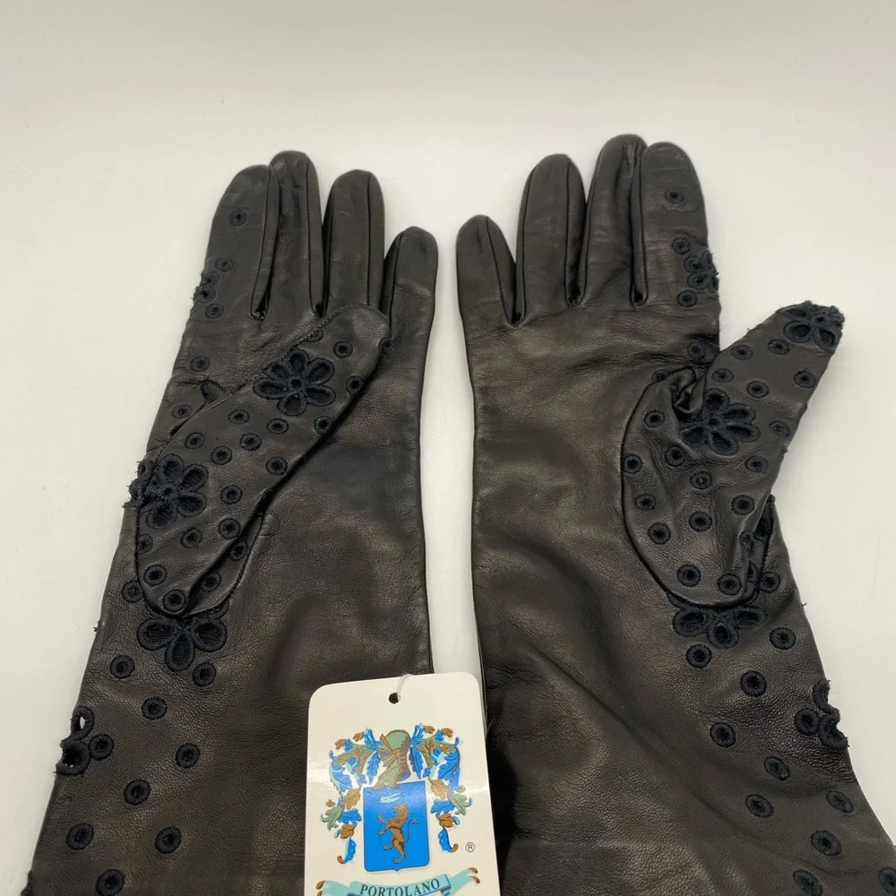 NWT Portolano Italian Leather Long Gloves Silk Lined Floral Detail Black Medium